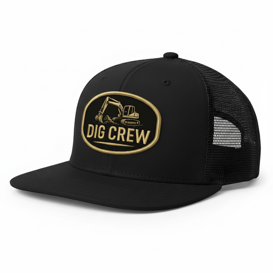 Black Dig Crew Hat Flat Bill Angled Shot