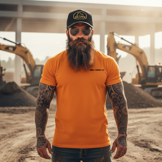 Front view - Worker with sunglasses, Dig Crew hat, and orange shirt