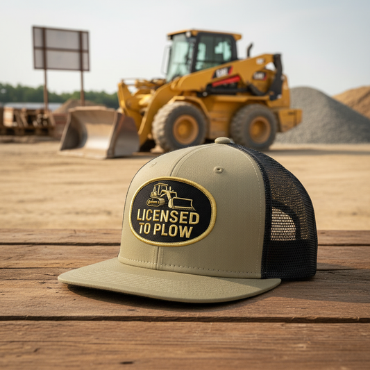 Licensed to Plow Hat with Heavy Equipment Background