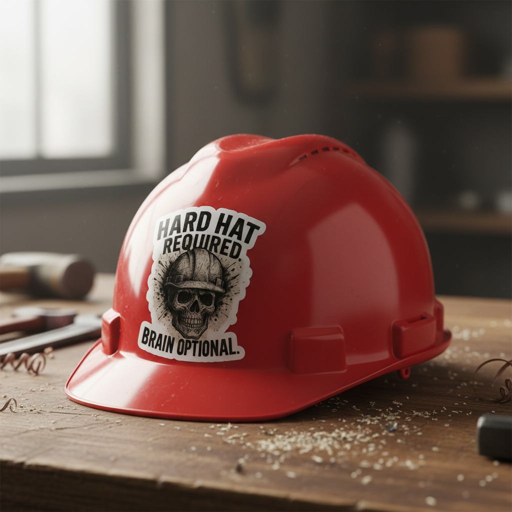 Hard Hat Required — Skull Construction Die-Cut Sticker ("Brain Optional")
