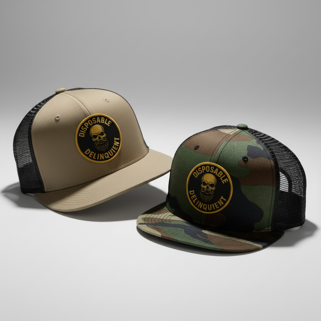 Angled view of two Disposable delinquents hats