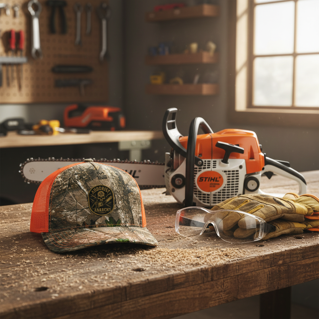 Arborist Anarchy hat on workbench with Stihl chainsaw and safety gear