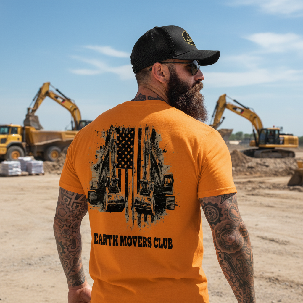 Back view - Worker with sunglasses, Dig Crew hat, and orange shirt