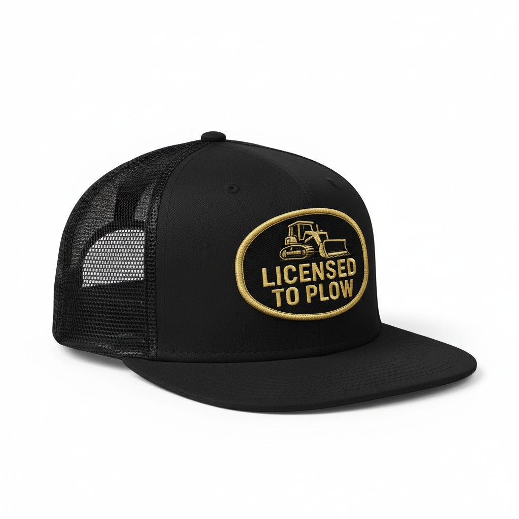 Black Licensed to Plow Hat Side View Flat Bill