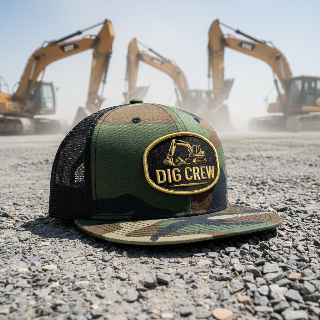 Camo Dig Crew hat - professional angle at construction site