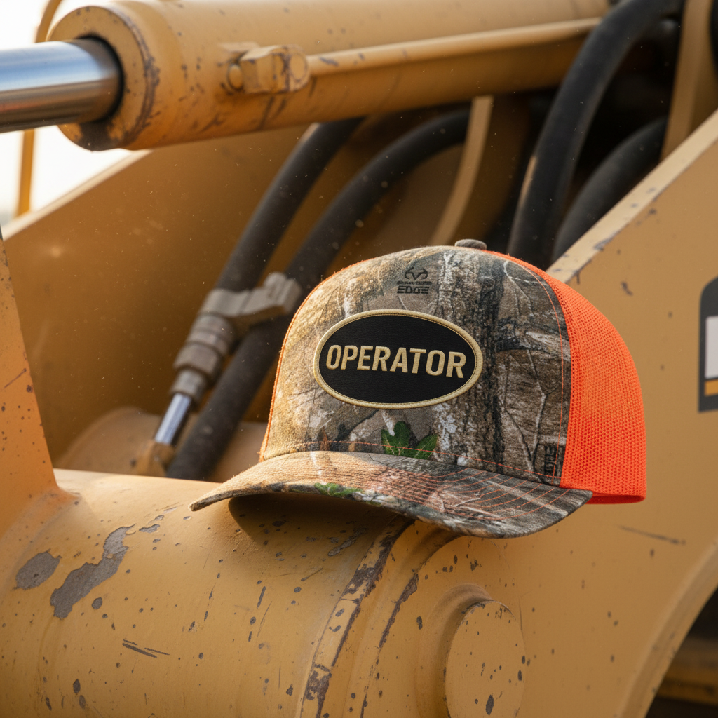 Orange Mesh Operator Hat on Heavy Equipment