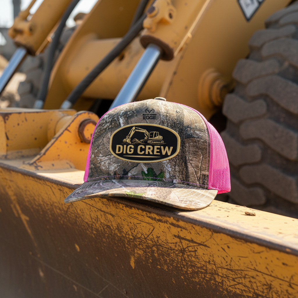 Pink Dig Crew Hat on Heavy Equipment