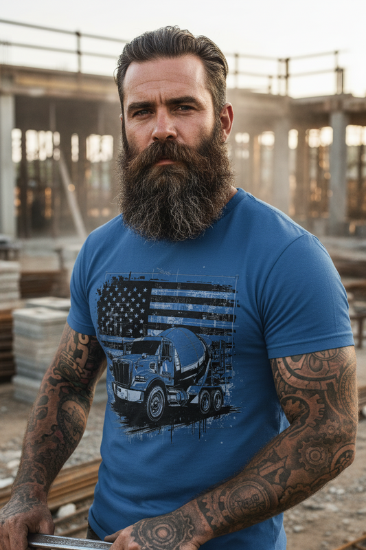 Rugged blue-collar worker wearing cement mixer flag shirt