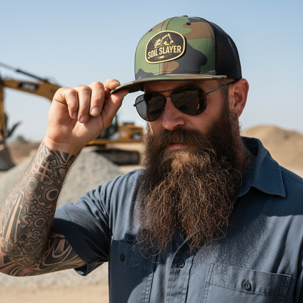 Soil Slayer hat on rugged bearded man with sunglasses