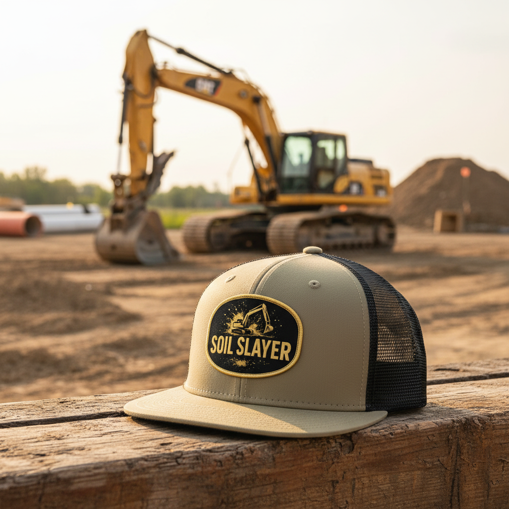 Tan Soil Slayer Hat with Excavator Background