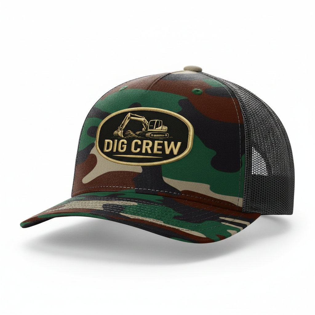 Woodland Camo Dig Crew Hat Angled View